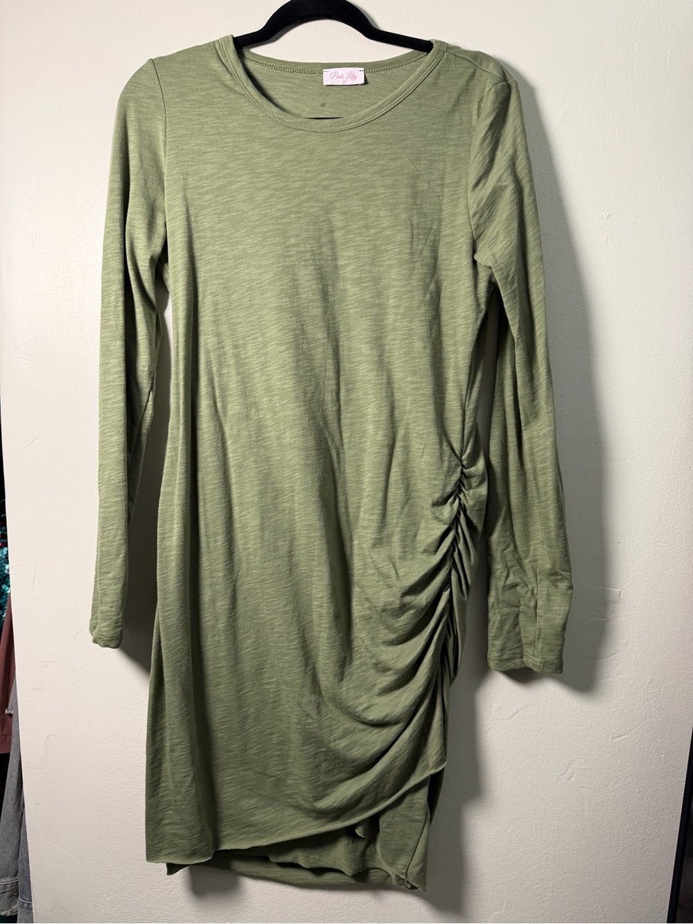 Pink Lily Olive Green Long Sleeve Ruched Side Dress